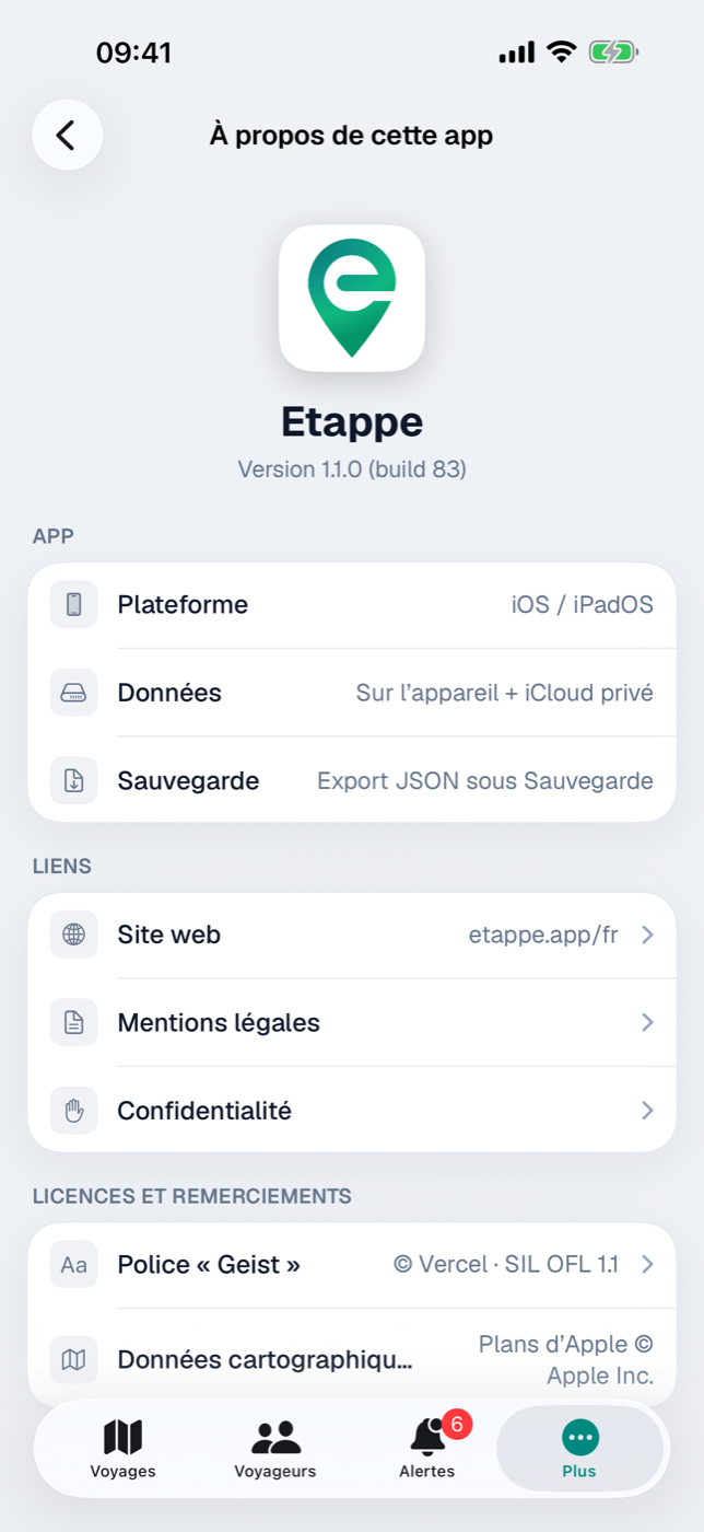 À propos de cette app avec les lignes Plateforme, Données et Sauvegarde