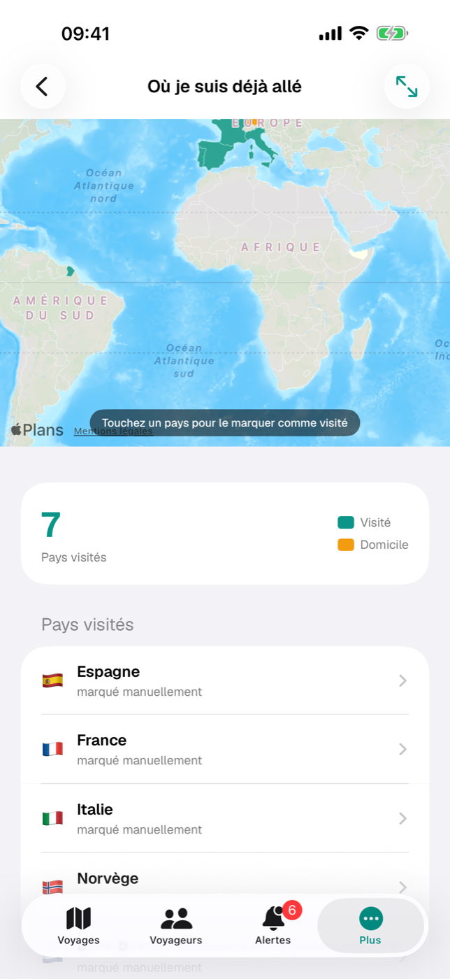 « Où je suis déjà allé » avec la carte du monde colorée, le compteur et la liste des pays