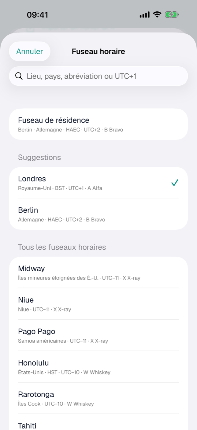 La sélection des fuseaux avec fuseau de résidence, suggestions et champ de recherche
