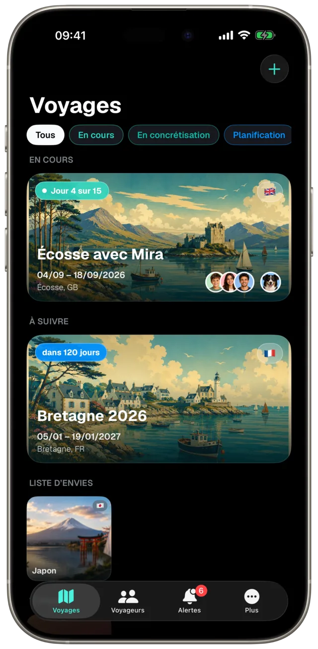 Liste des voyages dans l’app Etappe, apparence sombre