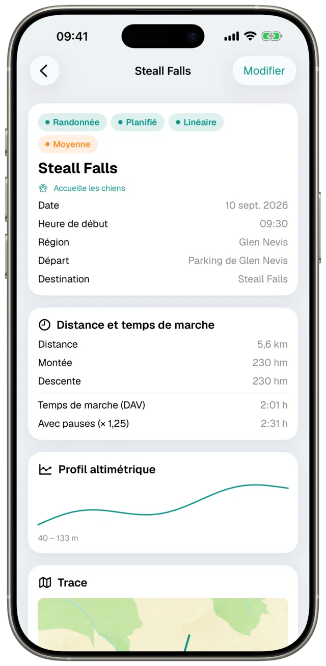 Détail d’une activité sportive avec profil altimétrique et trace dans Etappe