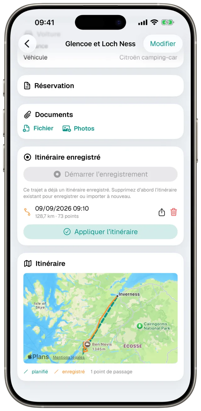 Trajet avec itinéraire enregistré dans Etappe