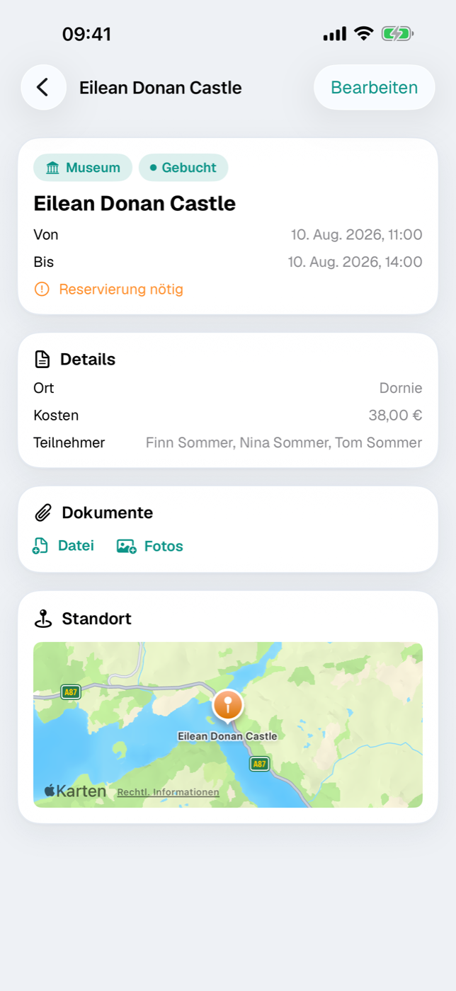 Aktivitäts-Detail mit Kopfkarte, Details-Karte und Standort-Karte