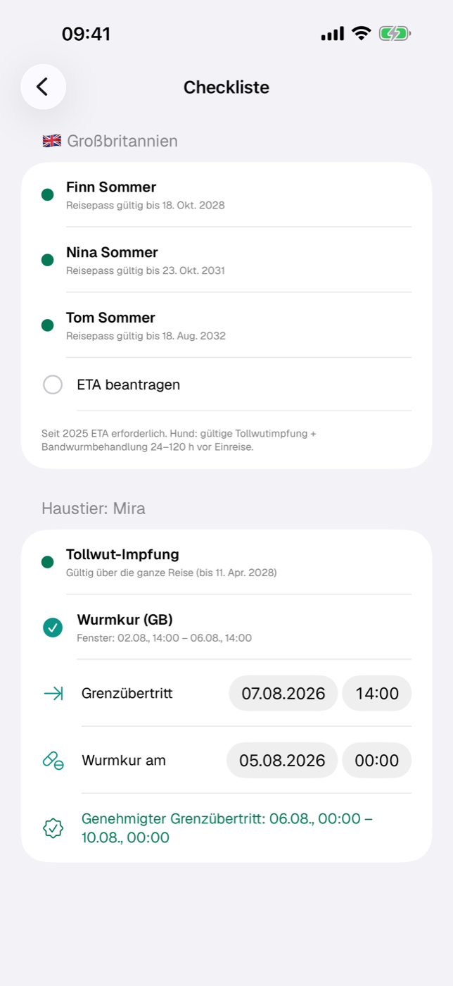Checkliste mit Länderabschnitt (Ampelzeilen je Person, ETA-Punkt) und Haustier-Abschnitt mit Wurmkur-Fenster