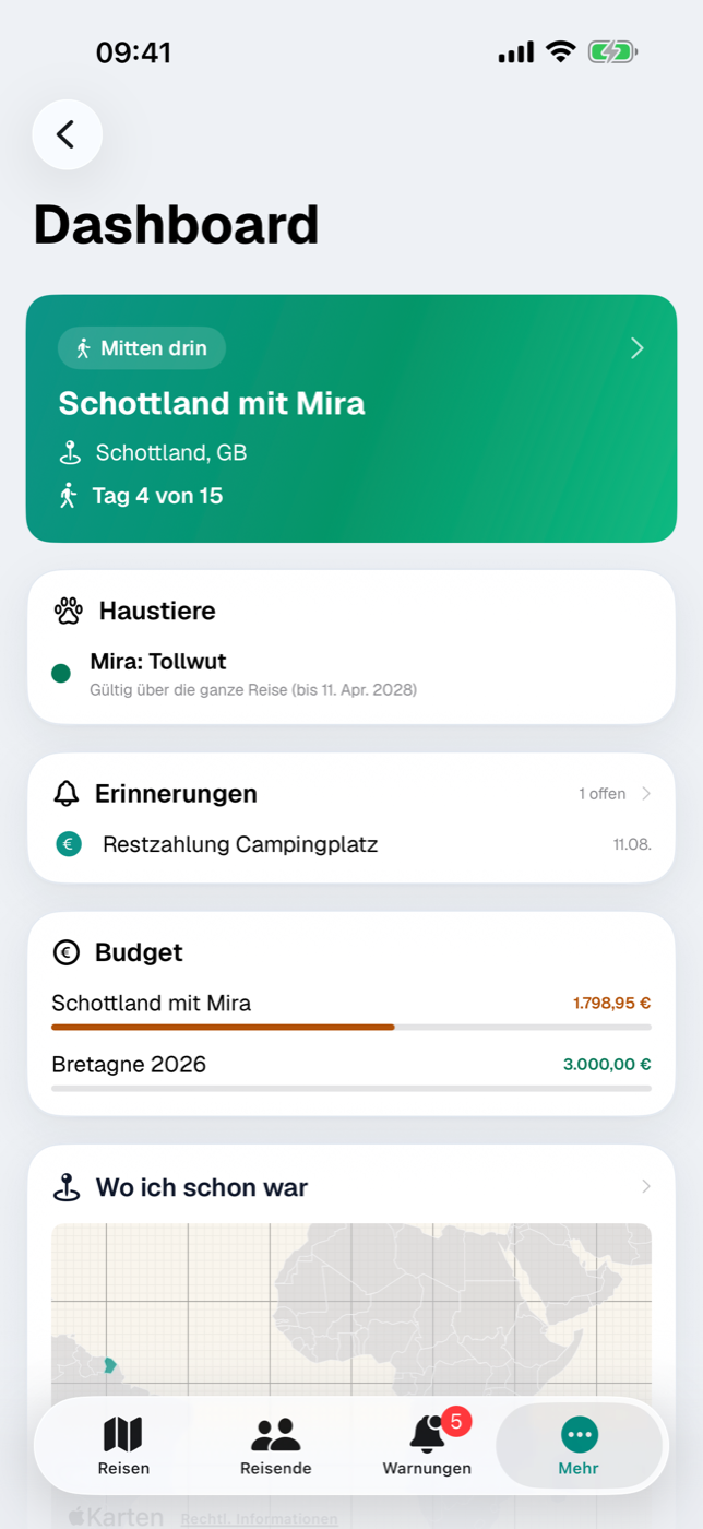 Dashboard mit Reise-Karte, Erinnerungen, Dokument-Ablauf, Budget und Weltkarte