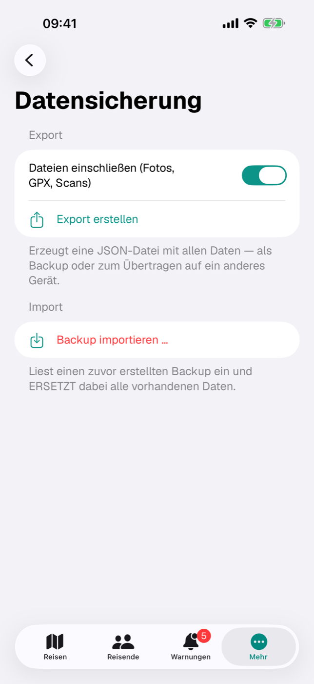 Bildschirm „Datensicherung“ mit Schalter „Dateien einschließen“, Knopf „Export erstellen“ und Import-Abschnitt