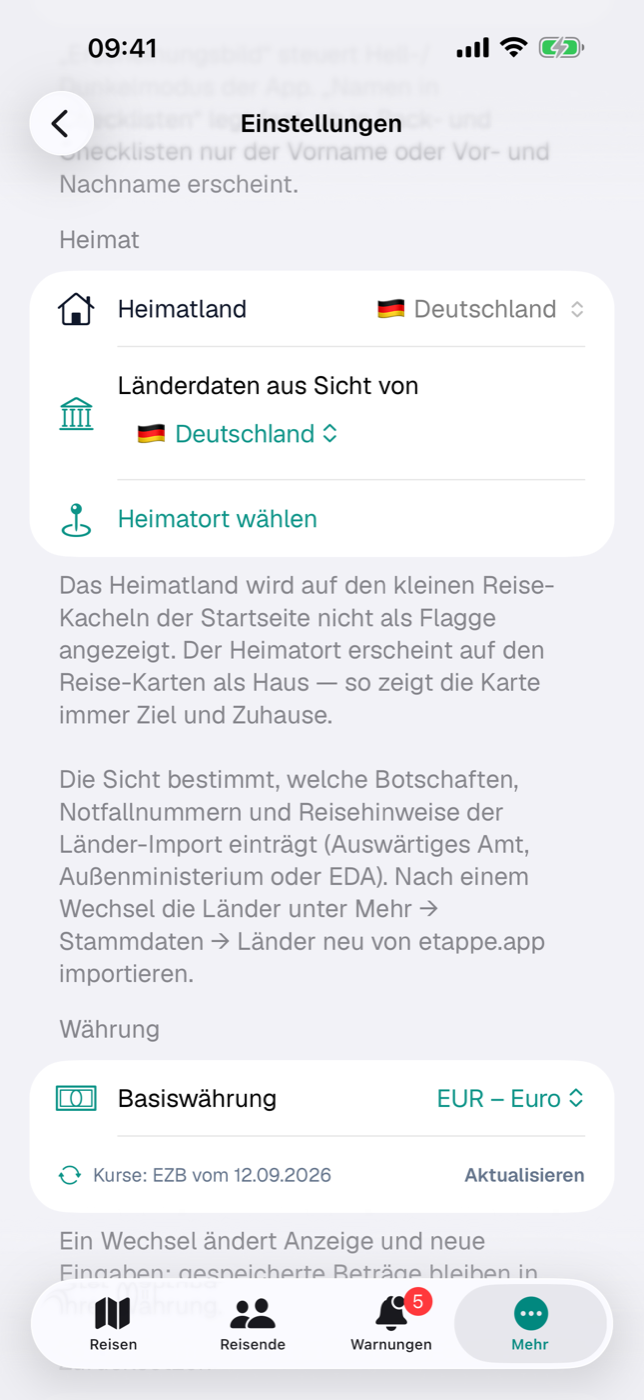 Die Abschnitte „Heimat“ und „Währung“ in den Einstellungen: Heimatland, Heimatort, Basiswährung und der Kursstand