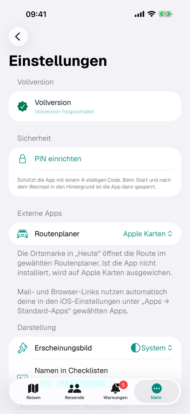Der Abschnitt „Sicherheit“ in den Einstellungen, hier noch ohne eingerichteten Code
