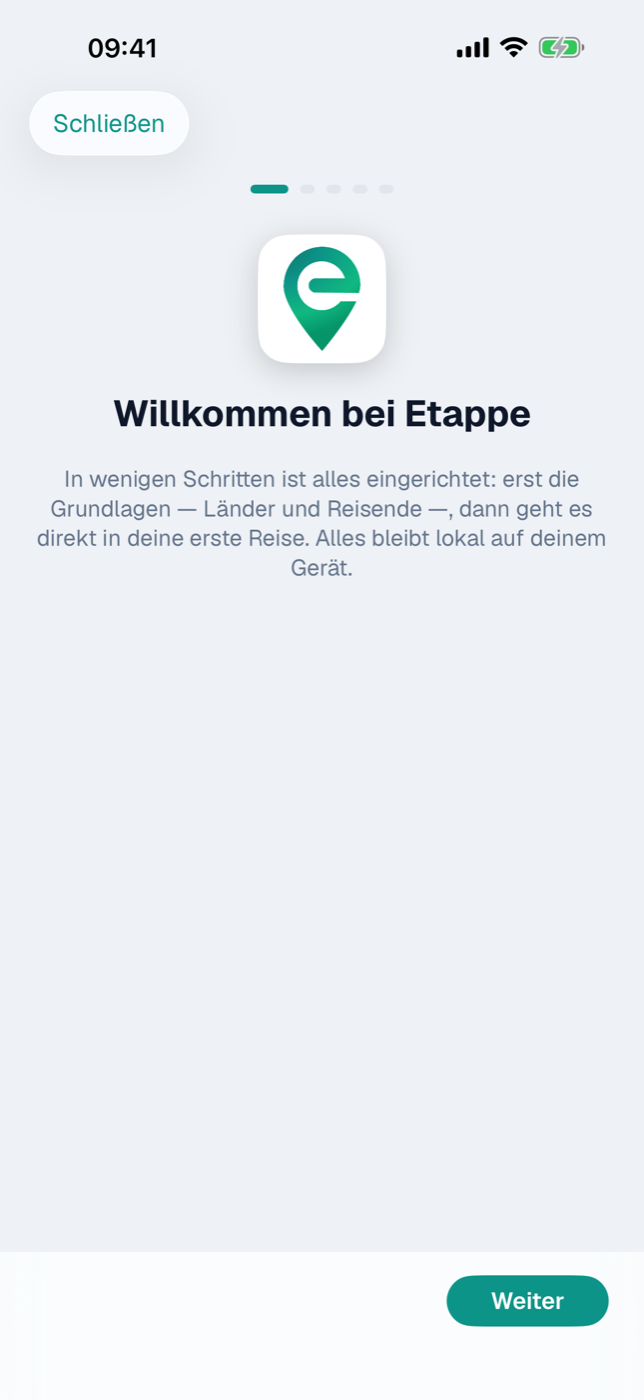 Startbildschirm und erster Screen des Erste-Schritte-Assistenten