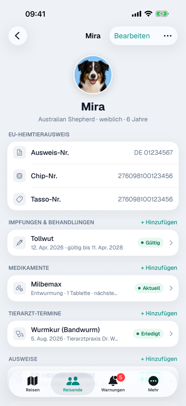 Haustier-Detail mit Heimtierausweis, Impfung, Medikament und Tierarzt-Termin
