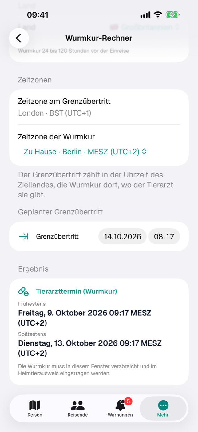 Wurmkur-Rechner mit Zeitzonen am Grenzübertritt und der Wurmkur, darunter das Ergebnis