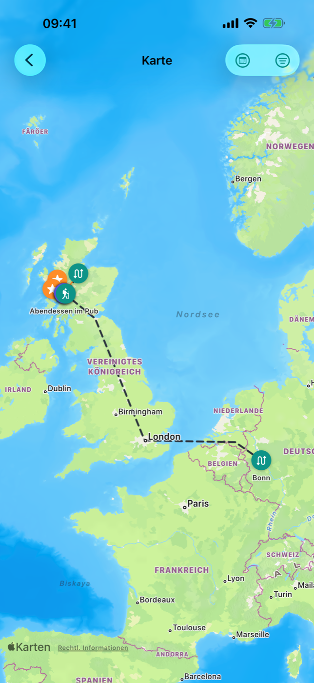 Reise-Karte mit Pins verschiedener Typen, Streckenlinie und Haus-Marker