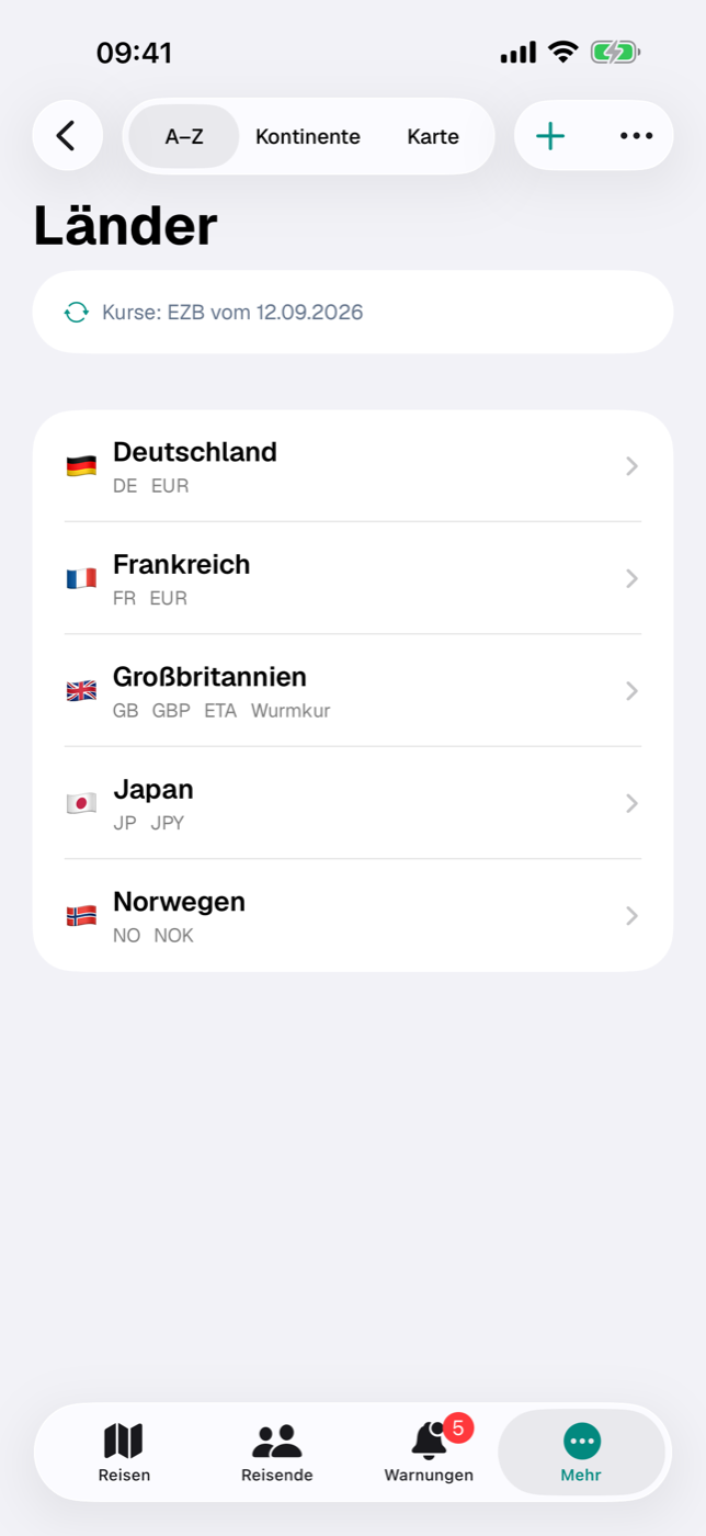 Länderliste in der Ansicht A–Z mit Flagge, ISO-Code, Währung und Kurz-Badges