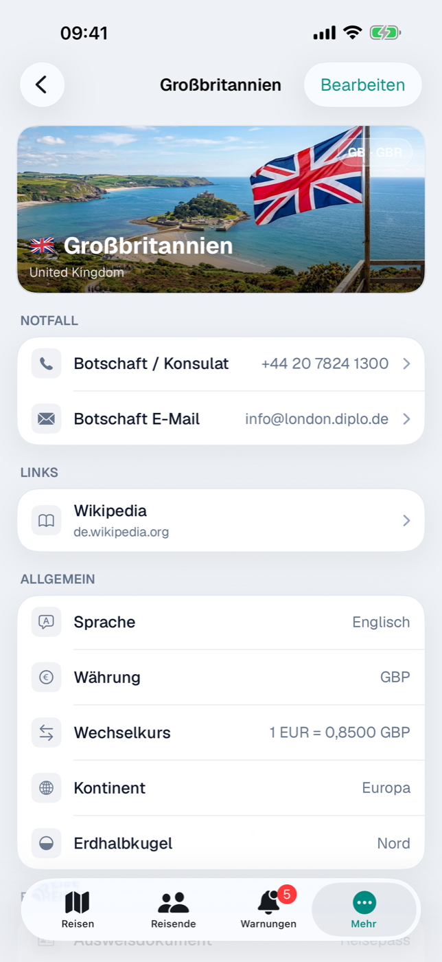 Länder-Detail mit Banner, Notfall-Karte und Einreise-Pillen