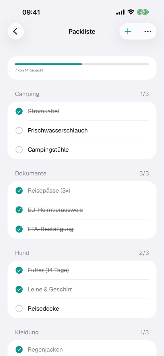 Packliste mit Fortschrittsbalken, Kategorie-Abschnitten und abgehakten Einträgen