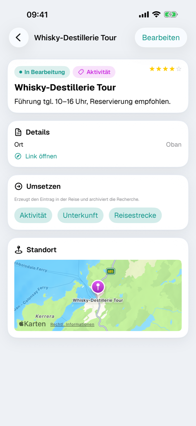 Recherche-Detail mit Kopf-Card, Details und Umsetzen-Knöpfen