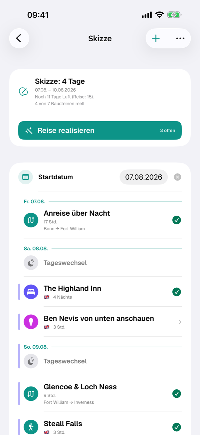 Skizze-Liste mit Tag-Köpfen, Bausteinen und Übernachtungs-Balken