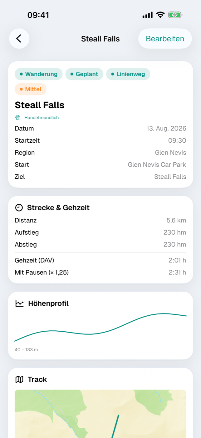 Sportives-Detail mit Gehzeit-Karte, Höhenprofil und Track