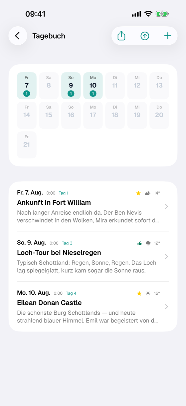 Tagebuch-Liste mit Tageraster oben und zwei Einträgen