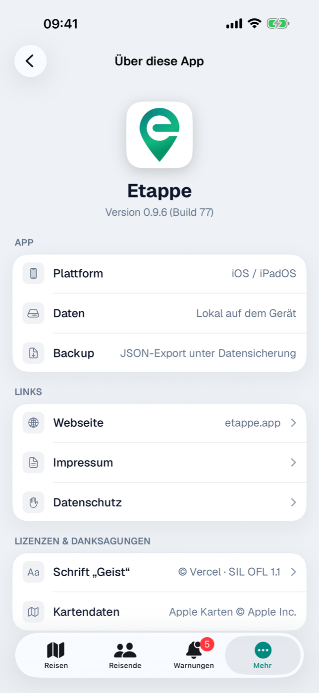 Über diese App mit den Zeilen Plattform, Daten und Backup