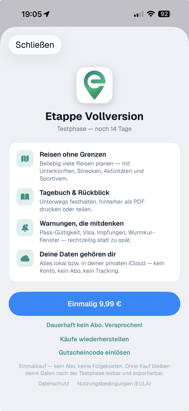 Die Kaufansicht; der Preis erscheint in der Währung deines App-Store-Kontos
