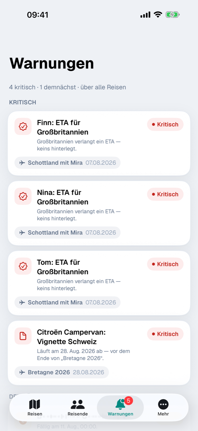Warnungen-Inbox mit den Gruppen Kritisch und Demnächst