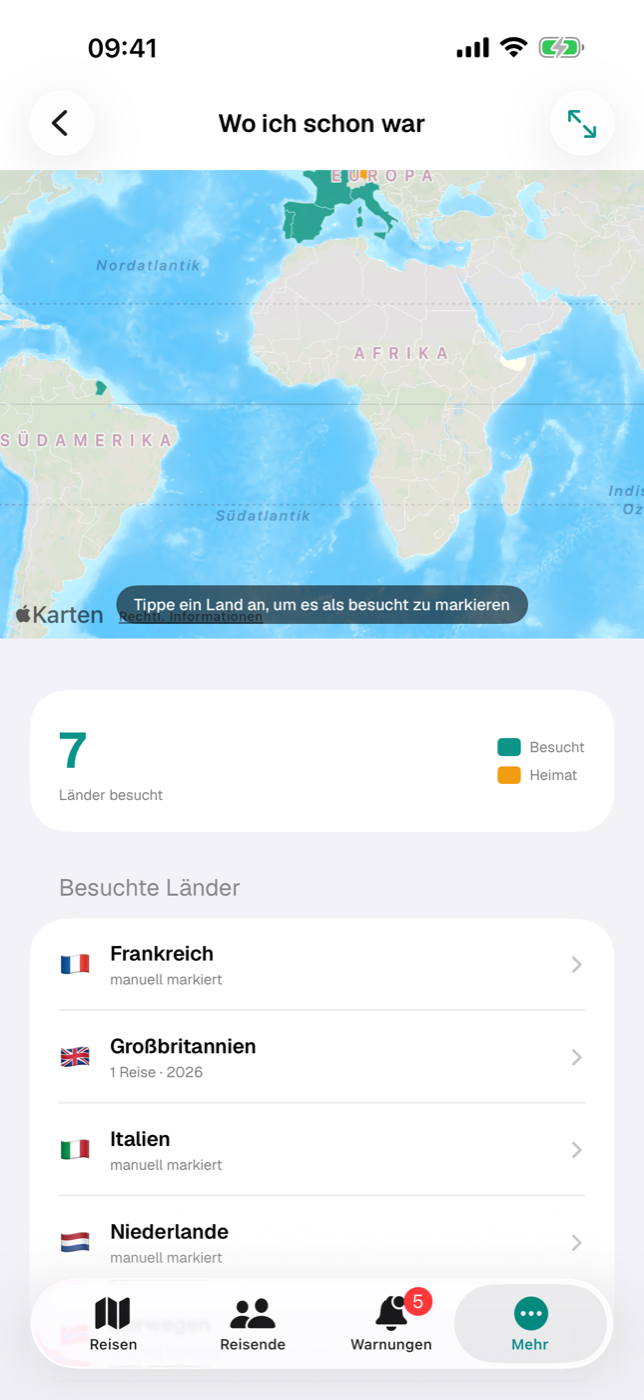 „Wo ich schon war“ mit eingefärbter Weltkarte, Zähler und Länder-Liste