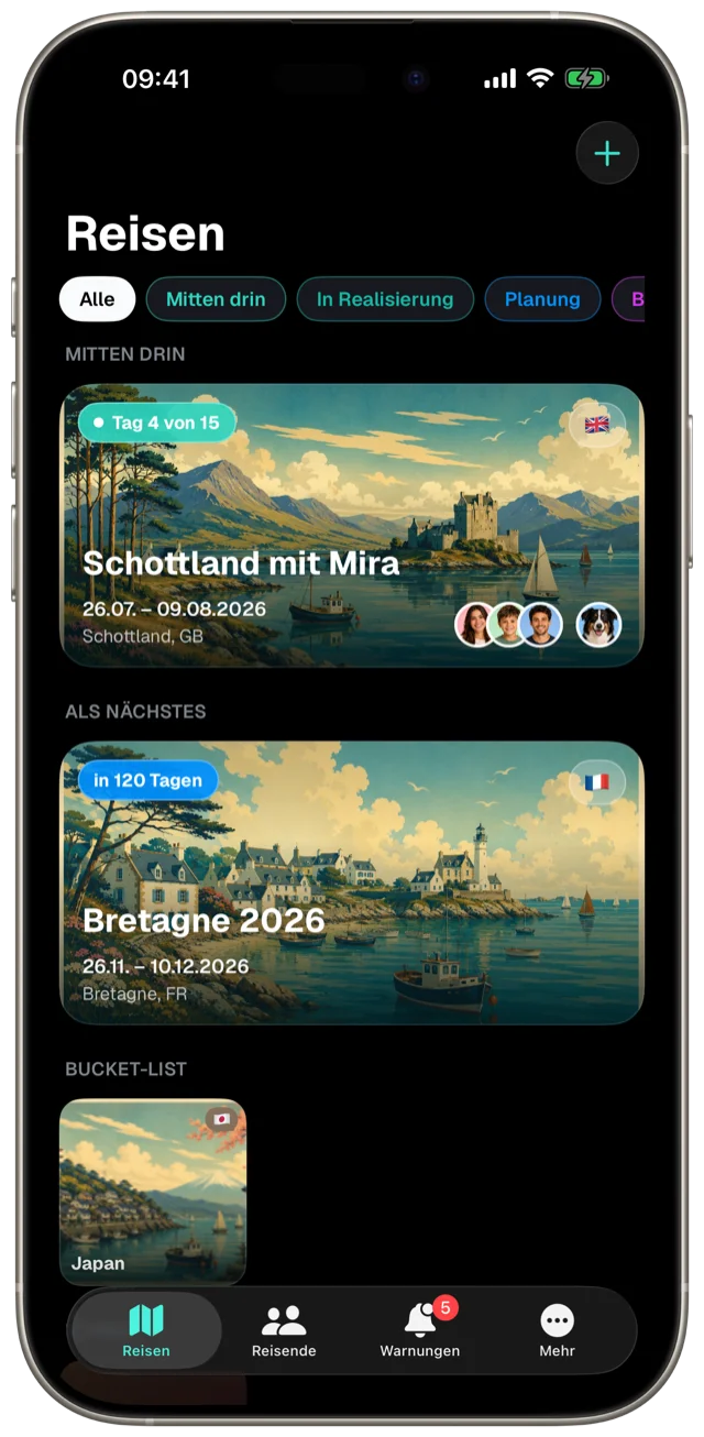 Reise-Übersicht in der Etappe-App, dunkles Erscheinungsbild