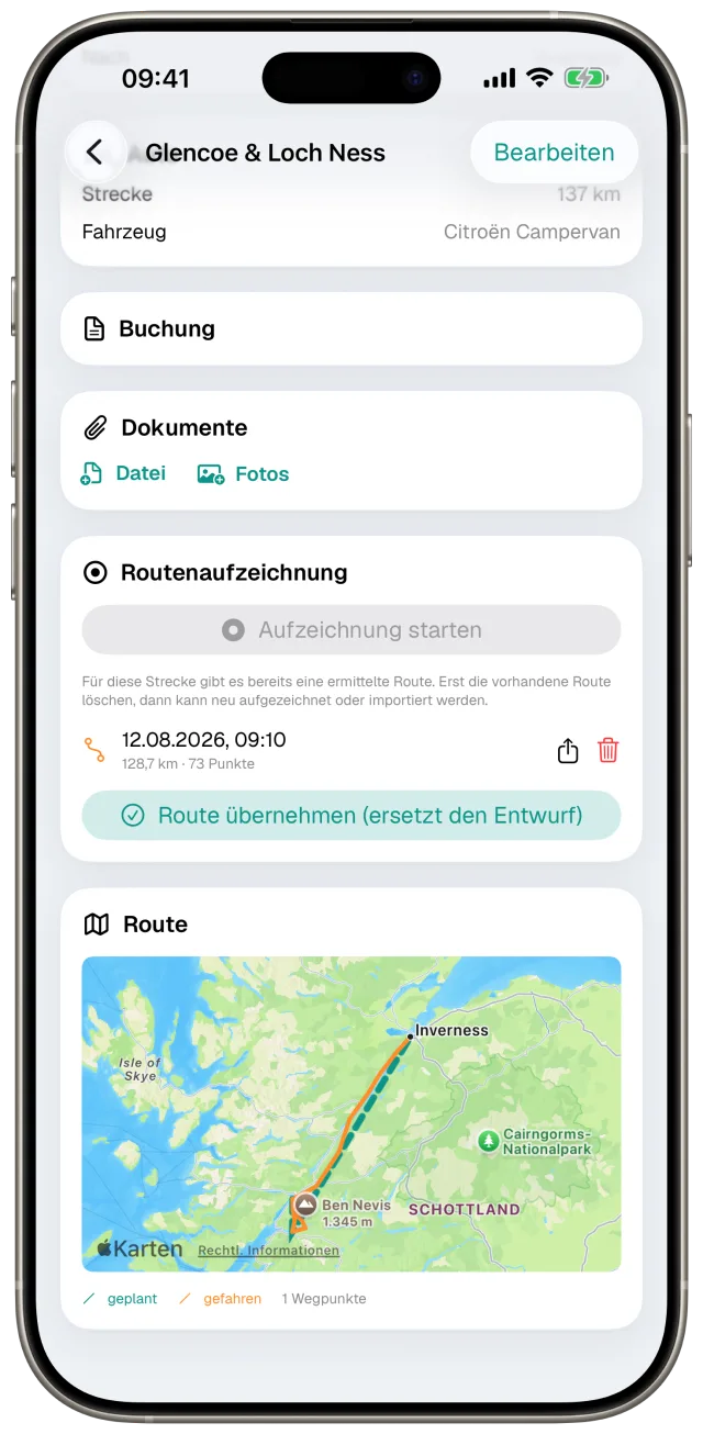Strecke mit aufgezeichneter Route in Etappe