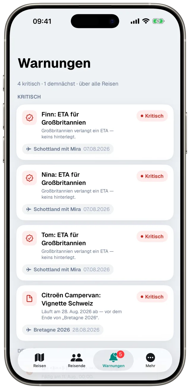Warnungen in Etappe